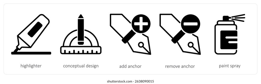 A set of 5 design icons as highlighter, conceptual design, add anchor