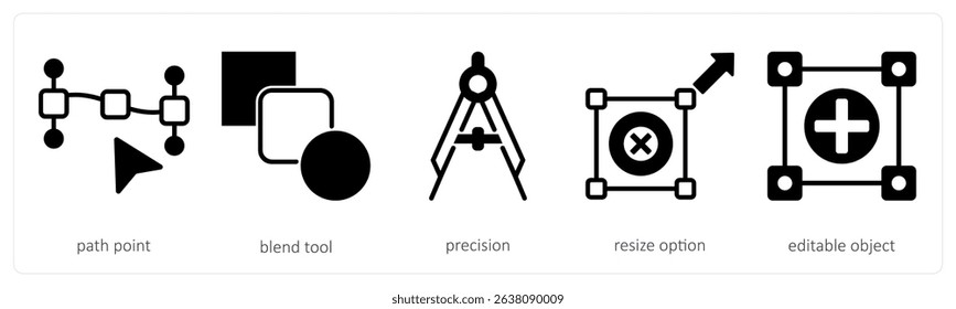A set of 5 design icons as path point, blend tool, precision