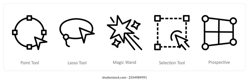 A set of 5 design icons as point tool, lasso tool, magic wand