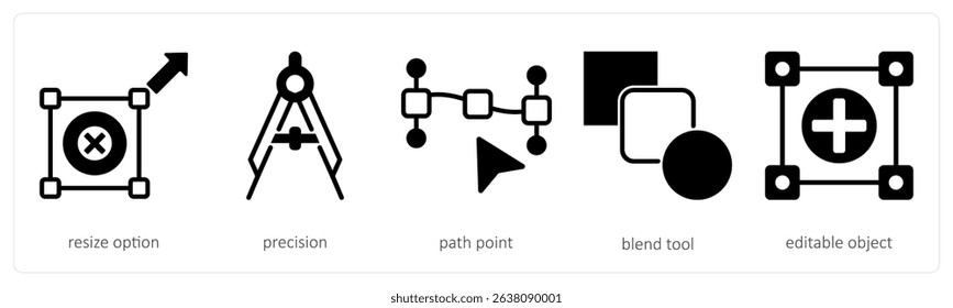 A set of 5 design icons as resize option, precision, path point