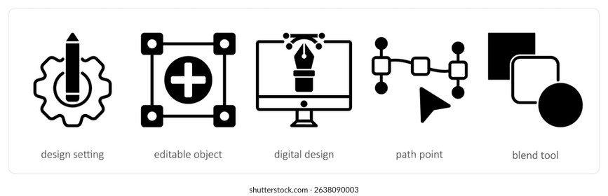 A set of 5 design icons as design setting, editable object, digital design