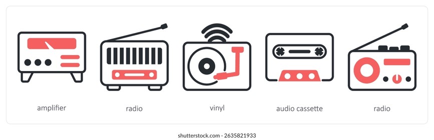 Un conjunto de 5 iconos de dispositivo como amplificador, radio, vinilo