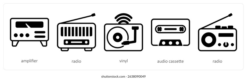 A set of 5 device icons as amplifier, radio, vinyl