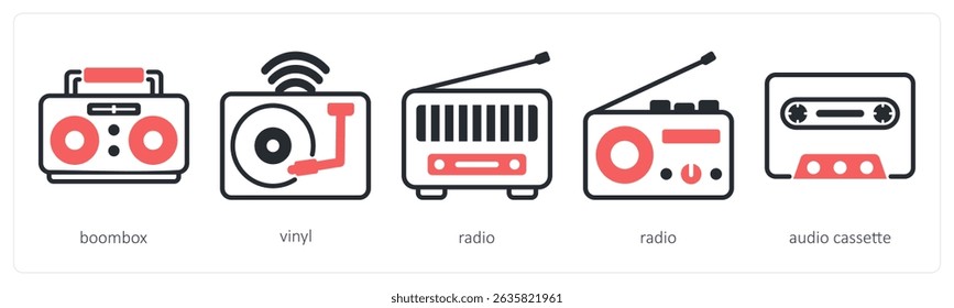 A set of 5 device icons as boombox, vinyl, radio