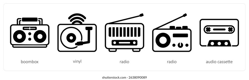A set of 5 device icons as boombox, vinyl, radio