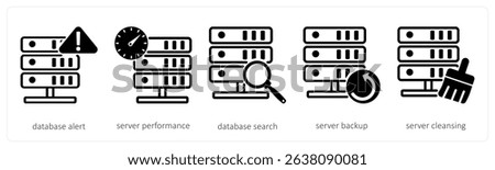 A set of 5 device icons as database alert, server performance, database search