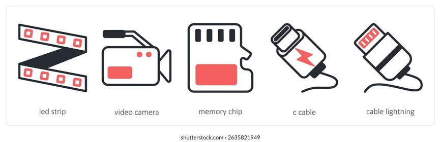 A set of 5 device icons as led strip, video camera, memory chip