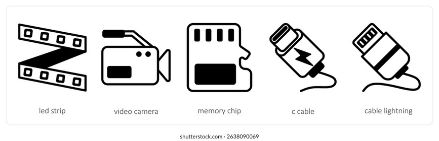 A set of 5 device icons as led strip, video camera, memory chip