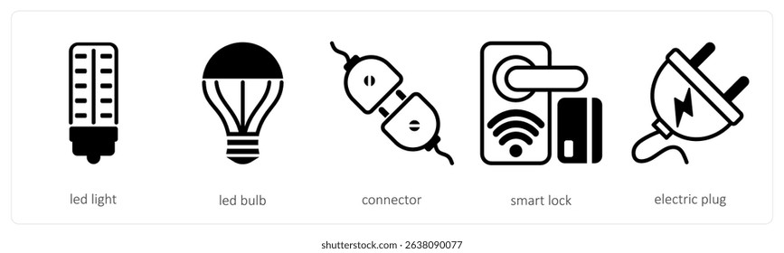 A set of 5 device icons as led light, led bulb, connector
