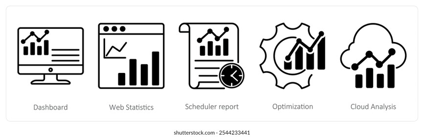 A set of 5 Diagram icons as dashboard, web statistics, scheduler report
