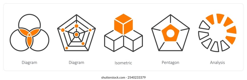 Um conjunto de 5 ícones de diagrama como diagrama, isométrico, pentágono