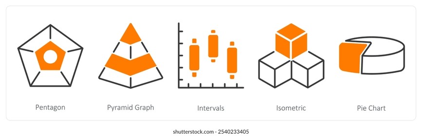 Um conjunto de 5 ícones do diagrama como pentágono, gráfico da pirâmide, intervalos