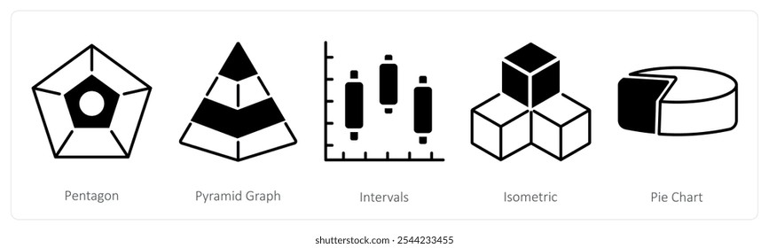 Um conjunto de 5 ícones do diagrama como pentágono, gráfico da pirâmide, intervalos