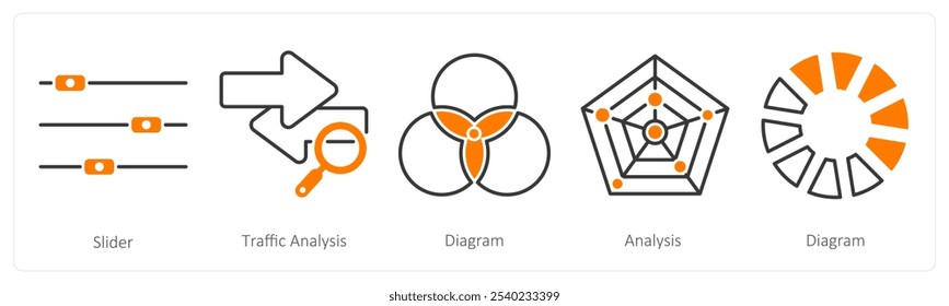 Ein Satz von 5 Diagrammicons als Schieberegler, Verkehrsanalyse, Diagramm