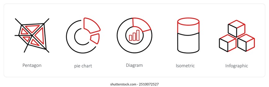 Um conjunto de 5 ícones de diagrama e relatório, como pentágono, gráfico de pizza