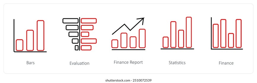 A set of 5 diagram and report icons such as bars, evaluation, finance report