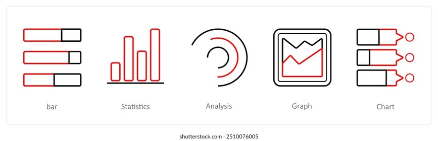 Ein Satz von 5 Diagramm- und Berichtssymbolen wie Balken, Statistik, Analyse, Diagramm