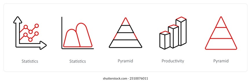 A set of 5 diagram and report icons such as statistics, pyramid, productivity