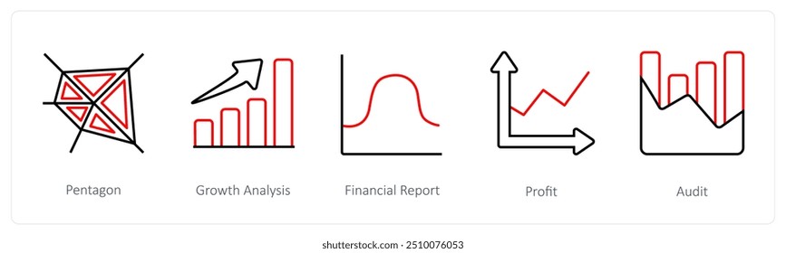 Um conjunto de 5 ícones de diagrama e relatório, como pentágono, análise de crescimento