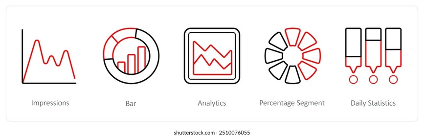 Um conjunto de 5 ícones de diagrama e relatório, como impressões, barras, análises