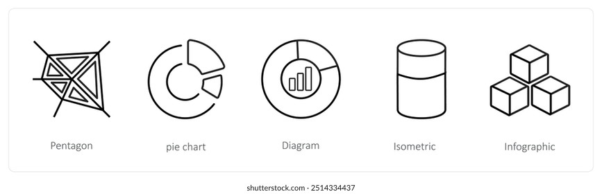 Um conjunto de 5 ícones de diagrama e relatório, como pentágono, gráfico de pizza