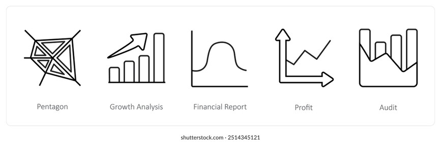 Um conjunto de 5 ícones de diagrama e relatório, como pentágono, análise de crescimento