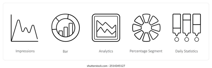 Um conjunto de 5 ícones de diagrama e relatório, como impressões, barras, análises