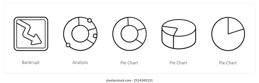 A set of 5 diagram and report icons such as bankrupt, analysis, pie chart