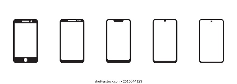 Conjunto de 5 diferentes siluetas de pantallas de smartphone en blanco negro aisladas. Iconos del vector en estilo plano
