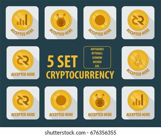 set of 5 different cryptocurrency flat style on a white background. accepted here