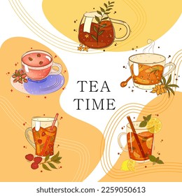 Set of 5 different cups of tea. Suitable for menu, seasonal offer, signboard, booklet. Vector illustration EPS10