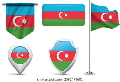 A set of 5 different designs of the Azerbaijan flag in various shapes