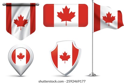A set of 5 different designs of the Canada flag in various shapes