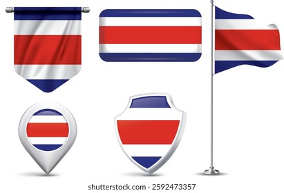 A set of 5 different designs of the Costa Rica flag in various shapes