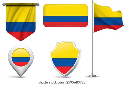 A set of 5 different designs of the Ecuador national flag in various shapes