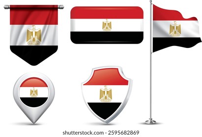 A set of 5 different designs of the Egypt national flag in various shapes