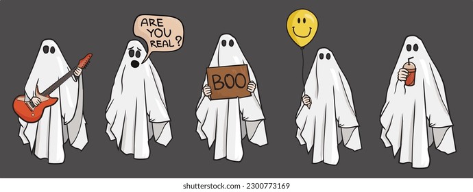 Set of 5 different funny ghosts. Ghost with electric guitar, with the question, with boo sign, with the balloon, and ghosts that drinks soda. Halloween concept. 