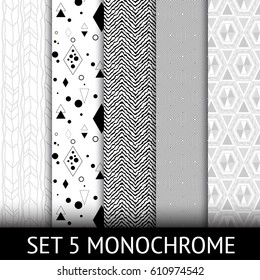 Set of 5 different geometric monochrome seamless pattern. vector used for design wrapping paper, web background.