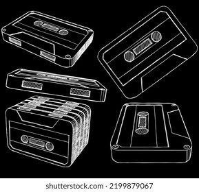 Un conjunto de 5 imágenes diferentes de cintas de cassette, en un estilo de tinta aproximado similar a los cuadernos de esbozo. Este conjunto está vectorizado y listo para su uso en su negocio!