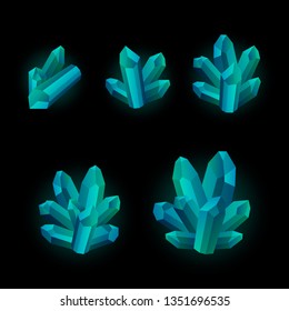 Set of 5 different size glowing crystals, gemstones, gems. Vector gui assets collection in cartoon style for game design isolated on white background.