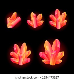 Set of 5 different size glowing crystals, gemstones, gems. Vector gui assets collection in cartoon style for game design isolated on white background.