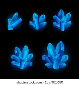 Set of 5 different size glowing crystals, gemstones, gems. Vector gui assets collection in cartoon style for game design isolated on white background.
