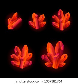Set of 5 different size glowing crystals, gemstones, gems. Vector gui assets collection in cartoon style for game design isolated on white background.