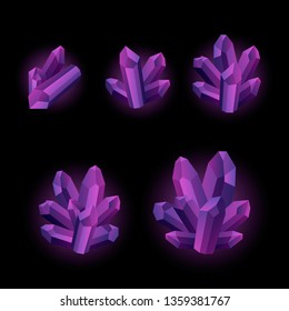 Set of 5 different size glowing crystals, gemstones, gems. Vector gui assets collection in cartoon style for game design isolated on white background.