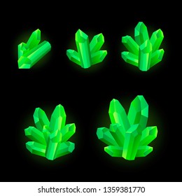 Set of 5 different size glowing crystals, gemstones, gems. Vector gui assets collection in cartoon style for game design isolated on white background.