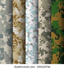 Set of 5 digital camo patterns vector