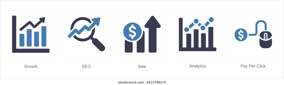 A set of 5 Digital Marketing icons as growth, seo, sale