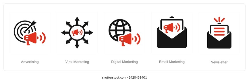 A set of 5 Digital Marketing icons as advertising, viral marketing, digital marketing