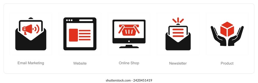 A set of 5 Digital Marketing icons as email marketing, website, online shop