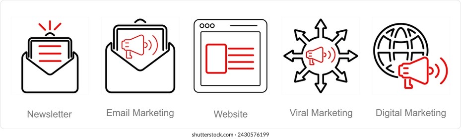 A set of 5 digital marketing icons as newsletter, email marketing, website